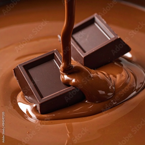 Food photography: A still life of two dark chocolate pieces partially submerged in glossy, flowing hot fudge or chocolate sauce, soft lighting highlighting the shine and depth, intense brown colors.