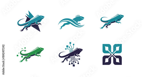Six stylized lizard logos in varying colors, using shapes and tech elements