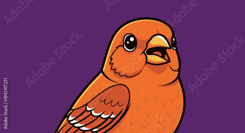 Cartoonish orange bird with open beak on purple background, detailed drawing