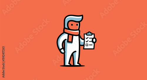 Cartoon figure in white jumpsuit and scarf holds a clipboard, against an orange backdrop