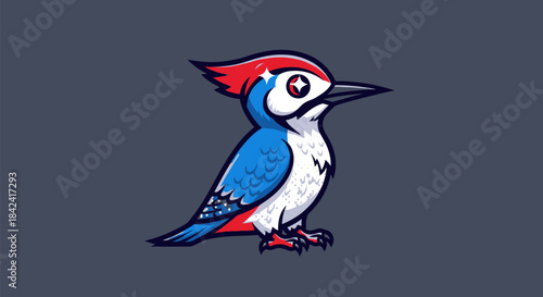 A stylized woodpecker illustration with red crest, blue wings, and white belly on a dark background