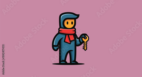 A cartoon figure in a jumpsuit and scarf holds a golden key