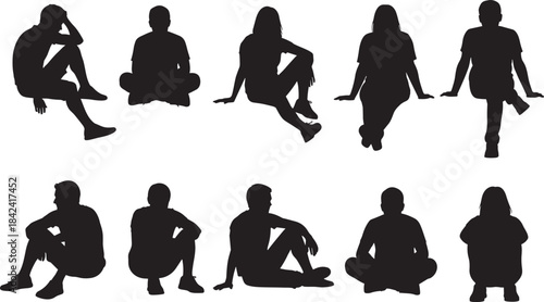 Set of ten diverse male and female silhouettes sitting in various relaxed casual poses, representing rest, outdoor leisure, and social interaction for graphic design resources vector.