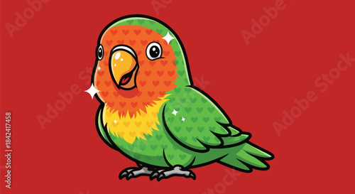 Whimsical cartoon lovebird illustration on a red background. Features hearts and sparkles