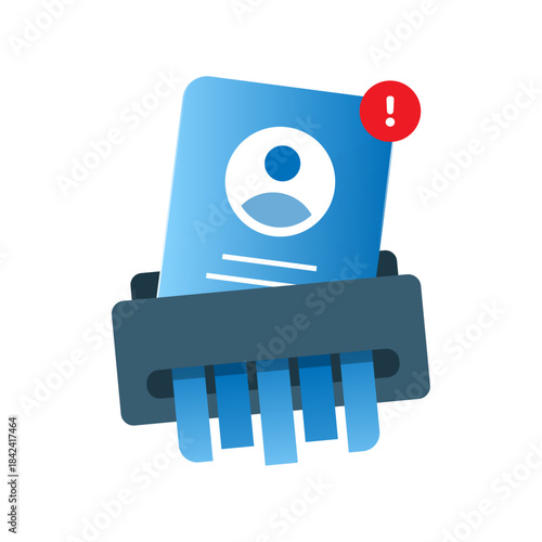 illustration of an ID card in a shredder with exclamation mark. account deletion warning, identity removal, data privacy alert, and user account termination notice. for UI UX interfaces