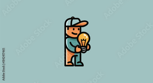 A cartoon figure in work attire holds a lit lightbulb, against a teal background
