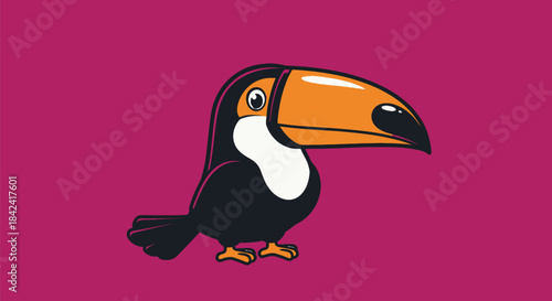 A cartoon toucan with an orange beak, white chest, black body, set against a pinkish-purple background