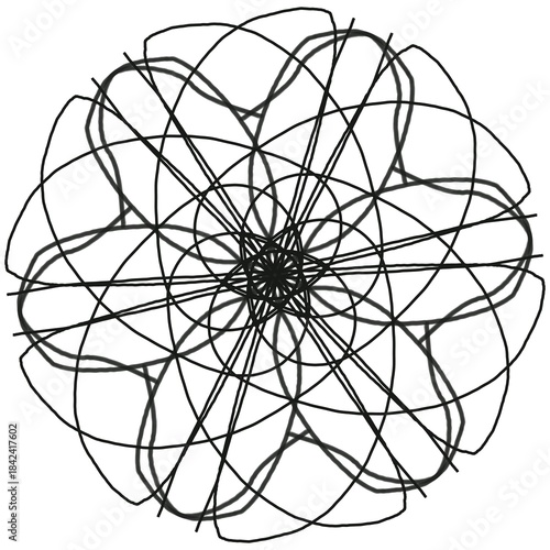 Abstract Geometric Mandala Pattern with Intricate Symmetrical Line Art Design - Black and White Spiritual Energy Meditation Background for Zen and Yoga Concept Illustration