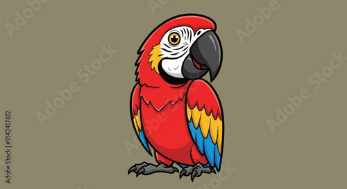 A cartoon macaw in red, yellow, and blue, with a black beak and a white face