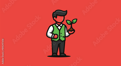A stylized figure in a vest holding a young plant, set against a red background