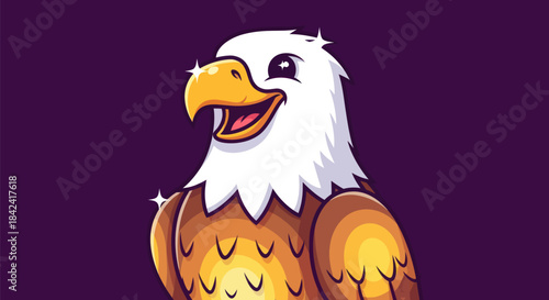 Cartoon eagle, smiling, with white head, yellow beak, brown body, and starry highlights, on purple