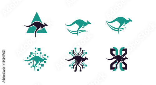 Six minimalist logos on white. Each featuring a kangaroo with abstract elements, in shades of green/purple