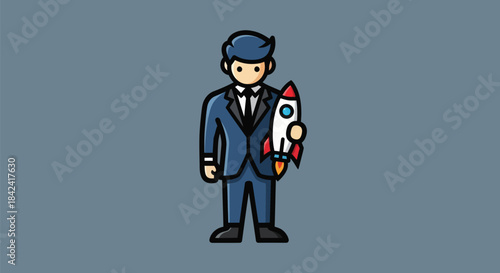 A cartoon businessman in a blue suit holds a rocket ship on a gray background