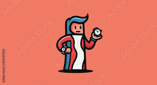 Cartoon figure, red and blue attire, holds two clocks, standing on black