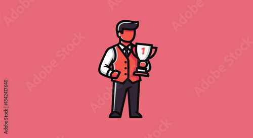 A stylized person in formal wear holding a trophy, background is solid red