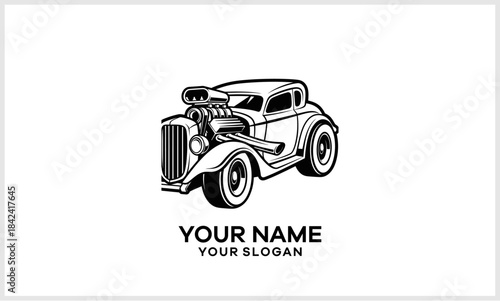 Hot Rod Vintage Car Vector Graphic. Classic Muscle Car Design with Supercharger Engine logotypelogoi.