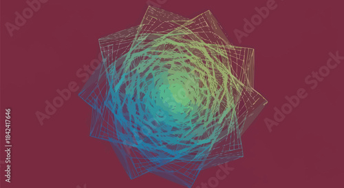 Abstract geometric artwork, nested forms with scribbled inner core, on a maroon background