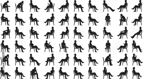 Extensive vector collection of diverse male and female silhouettes sitting in chairs, showcasing relaxed, casual, and lounging postures for audience, leisure, and comfortable seating graphics.