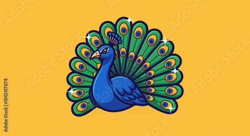 A vibrant illustration depicts a peacock with a fanned tail against a yellow background