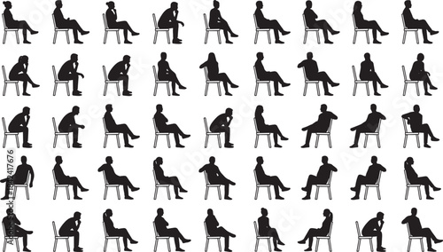 Extensive vector collection of diverse male and female silhouettes sitting in chairs, showing pensive, worried, and troubled postures, representing stress, deep thought, or waiting periods.