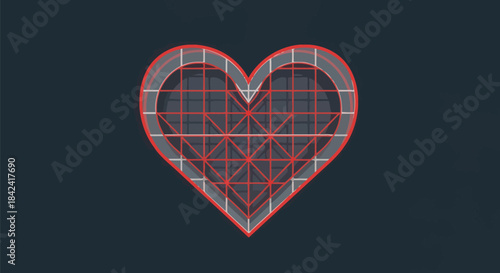 A stylized heart with red outlines and grid patterns, over a dark background