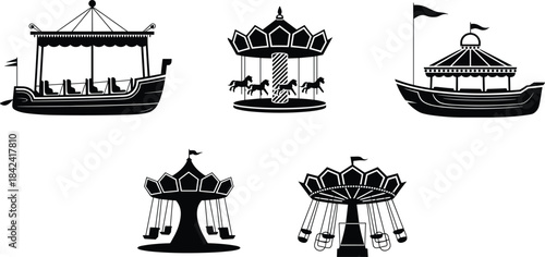Amusement park rides, carousel horses, swing ride attractions, vintage boat rides, fairground entertainment icons, classic carnival illustration set, fun park graphics