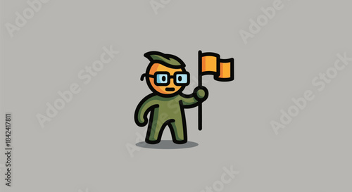 Cartoon figure, olive skin and hair, with glasses, holds a yellow flag. Grey background