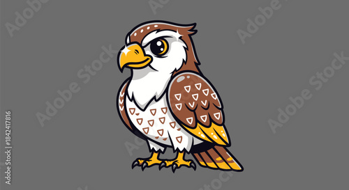 Cartoon hawk illustration on gray background; brown and white feathers with yellow beak and feet