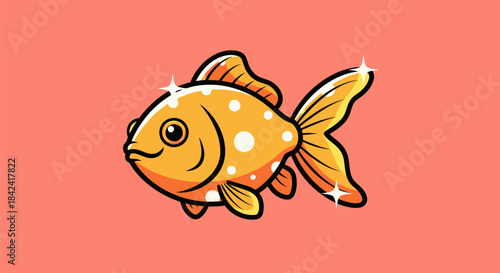A cheerful cartoon goldfish with white spots, set against a coral background