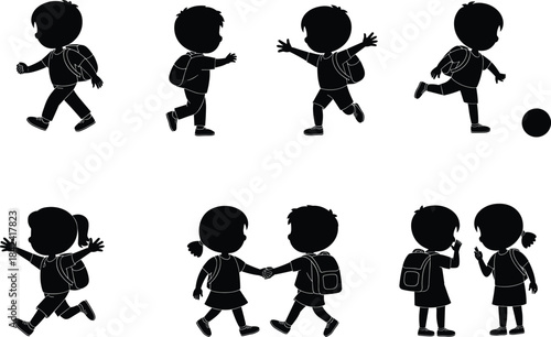 Children silhouettes, kids walking and playing, school backpack icons, active child figures, friendship illustration set, playful student poses, vector kid graphics
