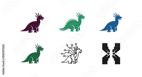 Graphic set of dinosaur-like creatures in various colors and styles, plus hands