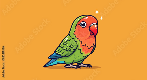 A vibrant cartoon illustration of a lovebird parrot with green and orange plumage on a yellow background