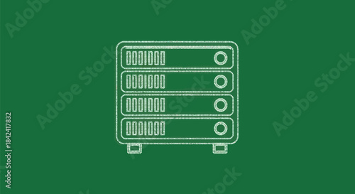 A white, chalky drawing of a server rack on a green background. It shows several levels