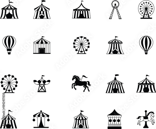 Circus tents, carnival rides, ferris wheels, hot air balloons, carousel horse, fairground attractions, festival amusement icons, vintage circus illustration collection