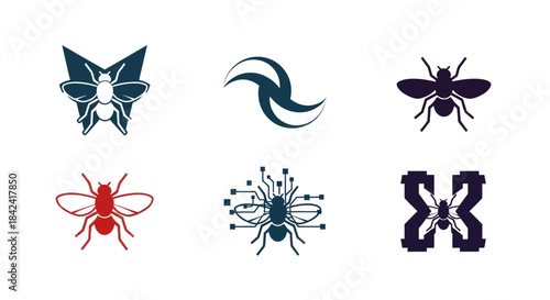 Six stylized insect logos bee, fly, with tech elements and abstract shapes, set against white