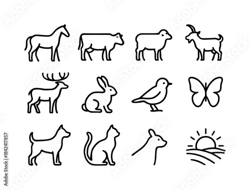 Animal Sunset Icons. Animals at Sunset. Line icon set of Animals