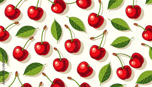 Cherry Pattern Background Vector Illustration - Fresh Red Cherries with Leaves on White Background