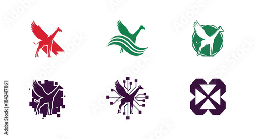 Six logos featuring a giraffe with wings in various designs and colors on a white background