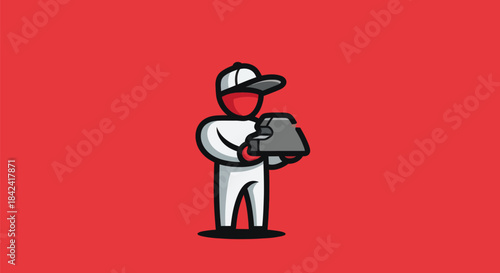 Graphic illustration of a worker figure with red face & hands in white uniform and cap. Holds a gray object