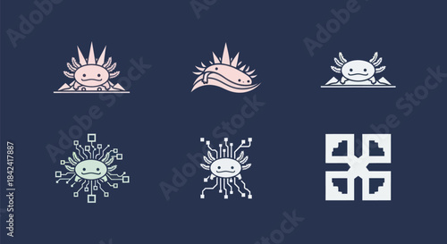 Six stylized illustrations of axolotls and a geometric shape, varying colors, on dark background