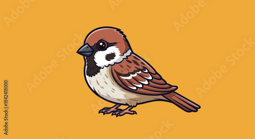 A cartoon sparrow with brown, white, and black features on an orange background