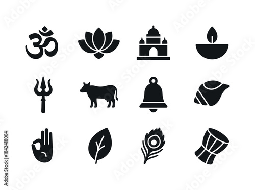 Hindu Icon Grid. Hinduism. Solid icon set of Hinduism: om symbol