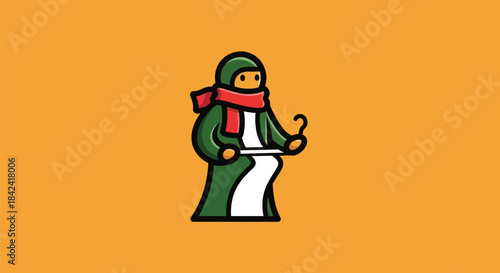 A cartoonish figure with a green robe and red scarf holds a scroll on an orange background