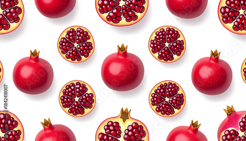 Pomegranate Pattern Background - Fresh Pomegranate Halves and Whole Fruit on White Background