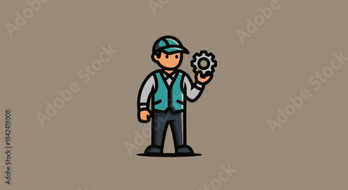 A cartoon mechanic with a teal cap and vest holds up a gear on a solid background