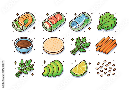 Colorful Spring Roll Icons. Seafood Spring Rolls. Colorful isome