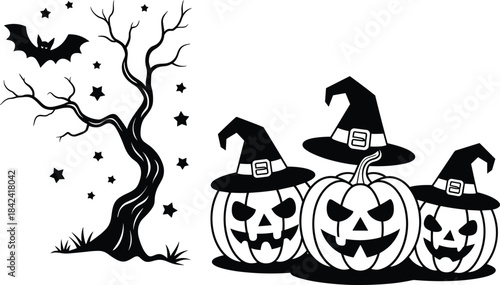 Halloween pumpkin silhouettes, spooky jack-o’-lanterns with witch hats, haunted tree and bat illustration, festive scary holiday graphic, black and white design