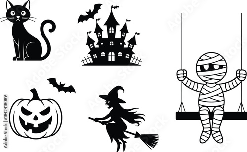 Halloween silhouettes, black cat, haunted castle, flying witch, spooky pumpkin, bats, mummy on swing, creepy holiday icons, festive spooky illustration