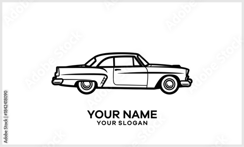 Classic Car Line Art Logo Vintage Automobile Outline Vector Design Retro 1950s Vehicle Icon logotype.