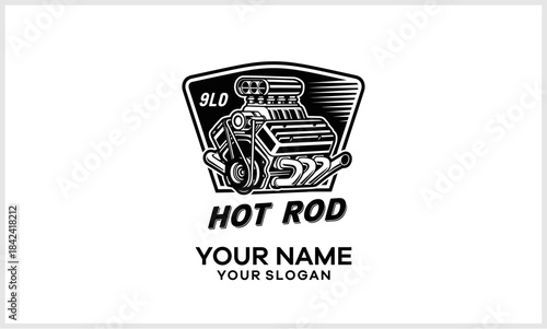 Classic Hot Rod V8 Engine Logo Retro Automotive Emblem Supercharged Car Motor Badge logotypelogoicon.